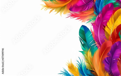 Happy Mardi Gras poster. A frame banner template with colourful feathers isolated on white background, copy space at the left. Costume party flyer for carnivals. AI Generative photo