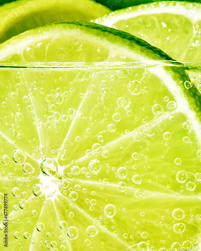 Close up of a glass filled with lime in sparkling water