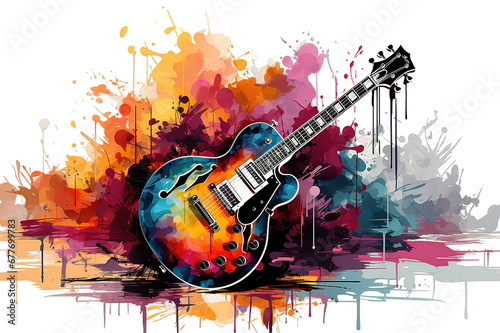 Electric guitar. Hand-drawn grunge style art. Retro banner, card, t-shirt, bag, print, poster.Vintage colorful hand drawn vector illustration isolated on a Transparent background. Generative AI