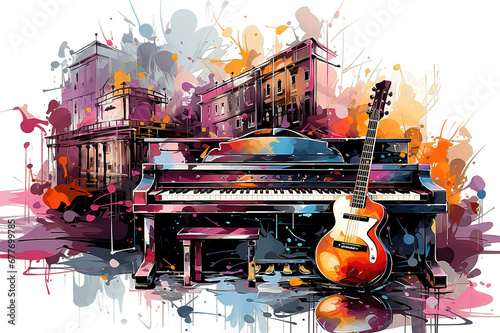Vector illustration Double bass and piano player. Jazz or classic musicians isolated on a Transparent background. Generative AI