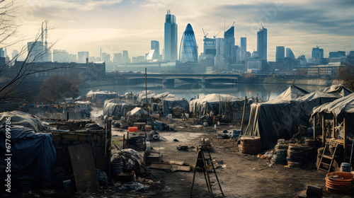 refugee camp shelter for homeless in front of London City Skyline