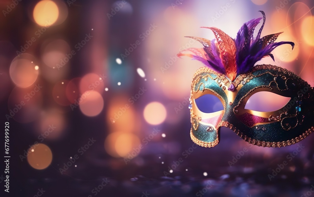 Mardi Gras poster. Banner template with a levitating Venetian carnival mask, on blurred background. Copy space at the left. Costume party flyer for masquerades. Bokeh, de focus. AI Generative
