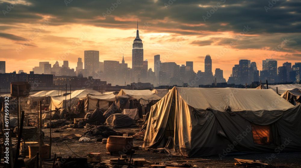 refugee camp shelter for homeless in front of New York City Skyline - obrazy, fototapety, plakaty 