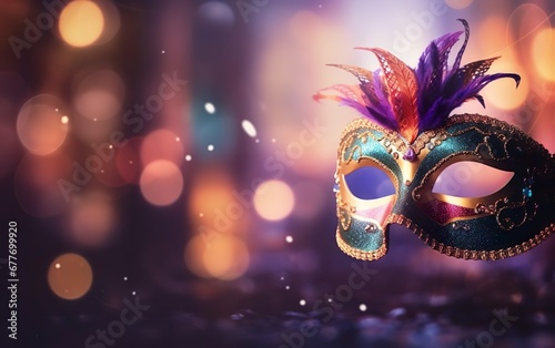 Mardi Gras poster. Banner template with a levitating Venetian carnival mask, on blurred background. Copy space at the left. Costume party flyer for masquerades. Bokeh, de focus. AI Generative