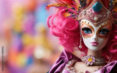 Happy Mardi Gras poster. A doll with pink hair in Venetian masquerade mask with feathers for women. Sequin mask for carnivals. Costume party outfit. Paper mache style face covering. AI Generative