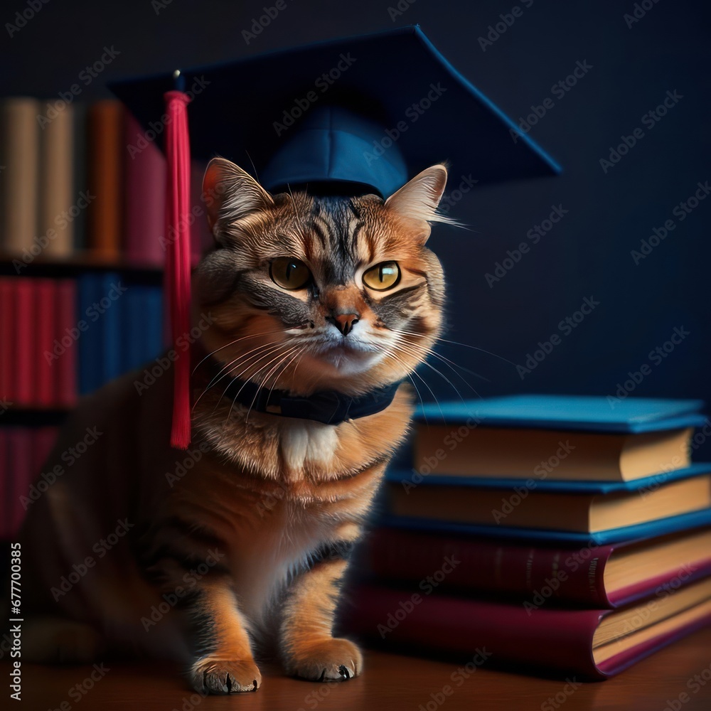 Cat in academic cap among books. Cat in academic cap among books.