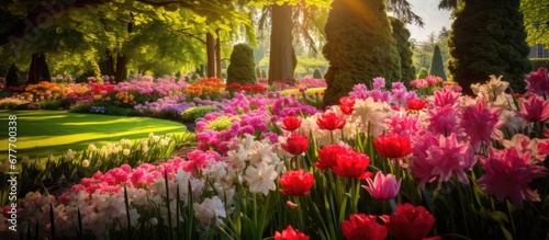 The vibrant colors of the floral garden against the green backdrop of nature create a breathtaking summer landscape showcasing the beauty of spring with blooming flowers in shades of red an