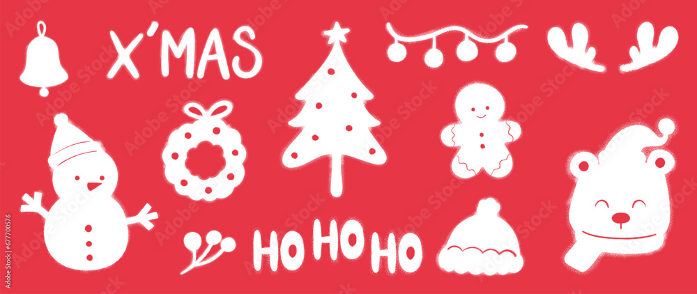 Set of Christmas elements. Snow spray paint vector. Graffiti, grunge elements of winter glove, sock, tree, present, star and cute doodle. Design illustration for decoration, card, sticker, wall decor.