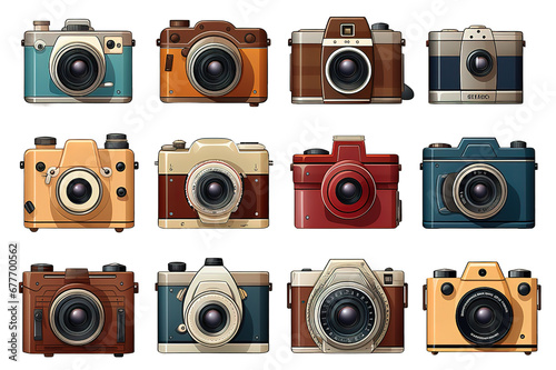 Photo camera flat icons set. Retro photography equipment. Cameras lens vector isolated on a Transparent background. Generative AI