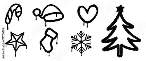 Set of Christmas elements. Snow spray paint vector. Graffiti, grunge elements of winter glove, sock, tree, present, star and cute doodle. Design illustration for decoration, card, sticker, wall decor.