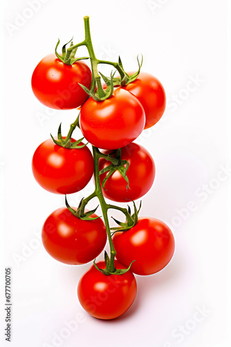 Bunch of tomatoes on stem on white background.