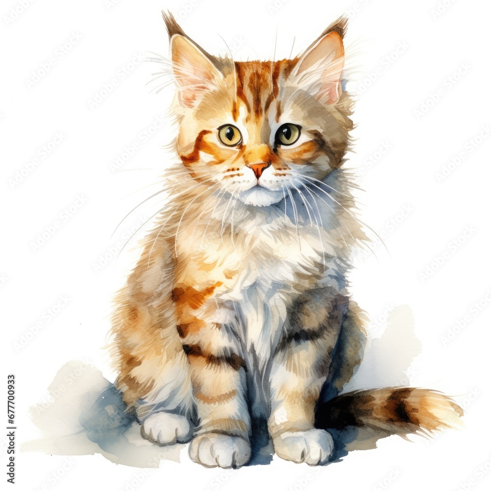 Watercolor Painting of a Fluffy Maine Coon Cat Watercolor Painting of a Fluffy Maine Coon Cat