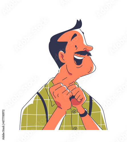 Smilling affected doodle person concept. Man with moustache in green shirt. Avatar for messengers and social networks. Cartoon flat vector illustration isolated on white background