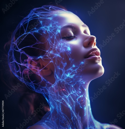 Woman head with glowing neurons in brain on dark blue background. Female head with a glowing nervous network. AI generated double exposure of a woman with glowing energy in her face and head.