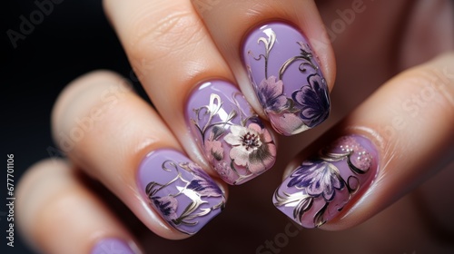 Closeup Woman hand with beautiful nail design. Female hand with stylish, creative and modern manicure. Women fingers with fashion manicure. Luxury manicure. Purple, lilac, lavender color nails.