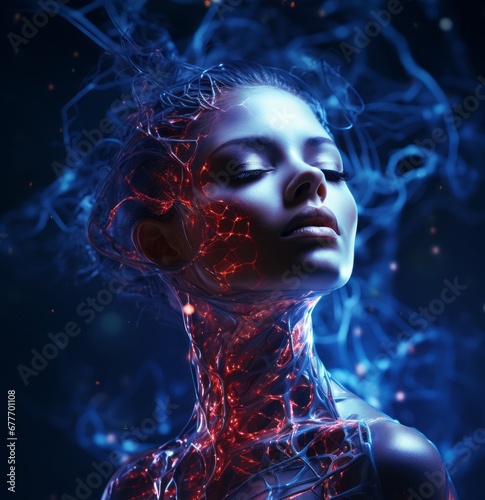 Woman head with glowing neurons in brain on dark blue background. Female head with a glowing nervous network. AI generated double exposure of a woman with glowing energy in her face and head.