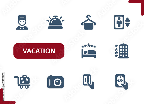 Vacation Icons. Tourism, Travel, Hotel, Bellboy, Luggage, Camera, Money, Buy, Pay Icon