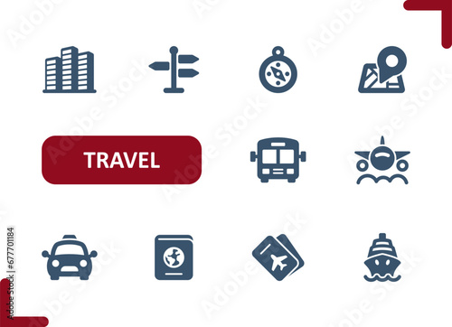 Travel Icons. Transportation, Tourism, City, Destination, Map, Bus, Plane, Car, Ship Icon © 13ree_design
