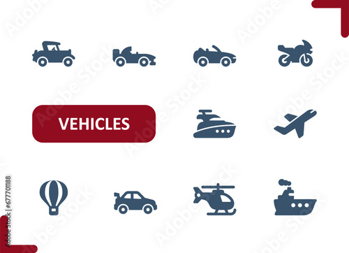 Vehicles Icons. Vehicle, Car, Race Car, Motorcycle, Yacht, Plane, Balloon, Helicopter, Ship Icon © 13ree_design