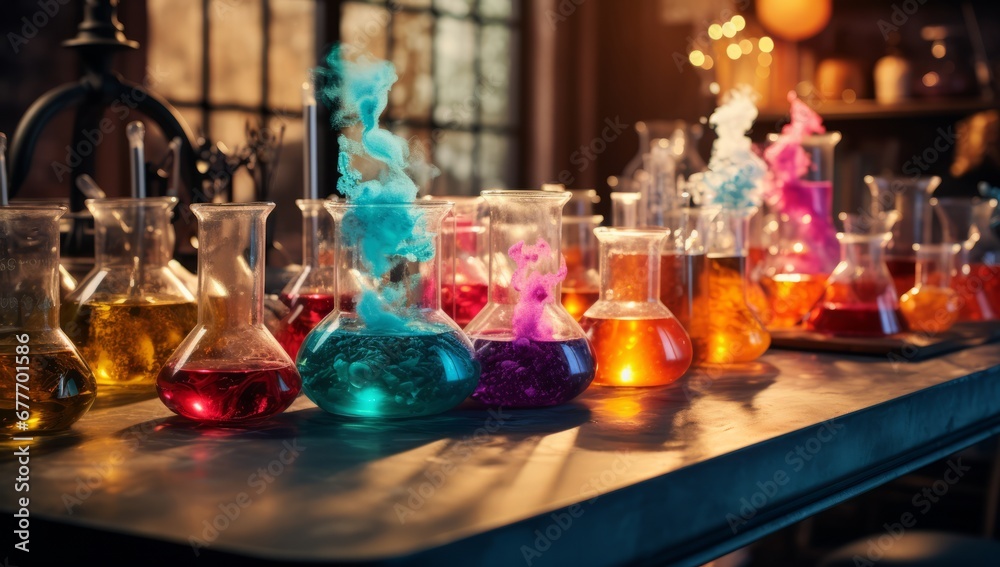 A Table of Chemistry Flasks Filled with Colourful Bubbling Liquids. A Spectrum of Colors in a Row of Test Tubes. A Rainbow of Colourful Chemical Solutions in Glass Flasks A Table of Chemistry Flasks Filled with Colourful Bubbling Liquids. A Spectrum of Colors in a Row of Test Tubes. A Rainbow of Colourful Chemical Solutions in Glass Flasks