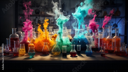 A Table of Chemistry Flasks Filled with Colourful Bubbling Liquids. A Spectrum of Colors in a Row of Test Tubes. A Rainbow of Colourful Chemical Solutions in Glass Flasks photo