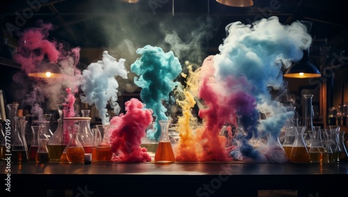 A Table of Chemistry Flasks Filled with Colourful Bubbling Liquids. A Spectrum of Colors in a Row of Test Tubes. A Rainbow of Colourful Chemical Solutions in Glass Flasks