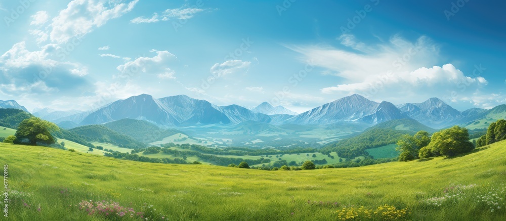 The vividly colorful landscape of the park with its lush green grass and majestic mountains in the background contrasted beautifully with the clear blue summer sky enhancing the natural beau