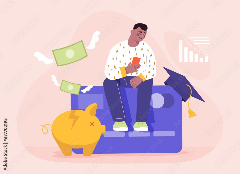 Student debt concept. Man with smartphone near graduation cap and golden piggy bank. Young guy with problems with money. Cartoon flat vector illustration isolated on pink background Student debt concept. Man with smartphone near graduation cap and golden piggy bank. Young guy with problems with money. Cartoon flat vector illustration isolated on pink background