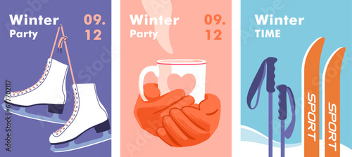 Winter time. Concept of vacation, party and travel. Skis and poles in the snow. Female hands holding a cup of coffee or tea. Pair of white Ice skates. Vector illustration.