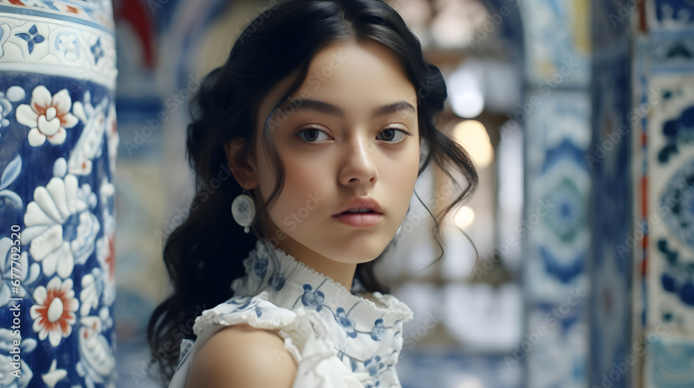 mujer joven latina con piel de porcelana estilo mexicano en colores azul y blanco mujer joven latina con piel de porcelana estilo mexicano en colores azul y blanco