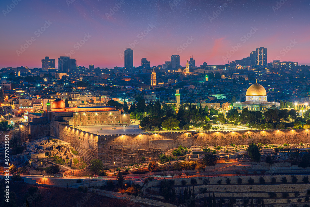 Fototapeta premium Dreamscape of Jerusalem's old city at twilight featuring the Dome of the Rock and Al-Aqsa mosque on the Temple Mount and a starry night 