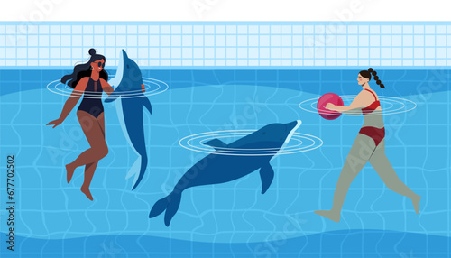 Women swim with dolphins concept. Young girls in swimsuits in swimming pool with nautical animals. People leisure and rest at zoo with marine dwellers. Cartoon flat vector illustration
