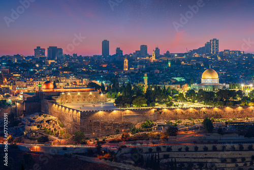 Dreamscape of Jerusalem's old city at twilight featuring the Dome of the Rock and Al-Aqsa mosque on the Temple Mount and a starry night 