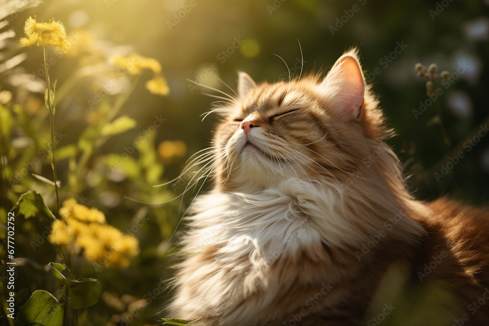 Generative AI picture of funny cute fluffy cat enjoying connection with nature yard outdoors early morning