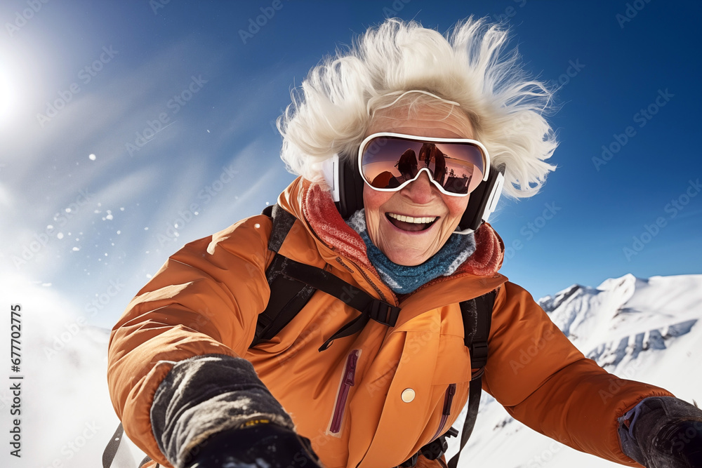 A smiling old woman on the ski slopes in a winter sunny day. A smiling old woman on the ski slopes in a winter sunny day.