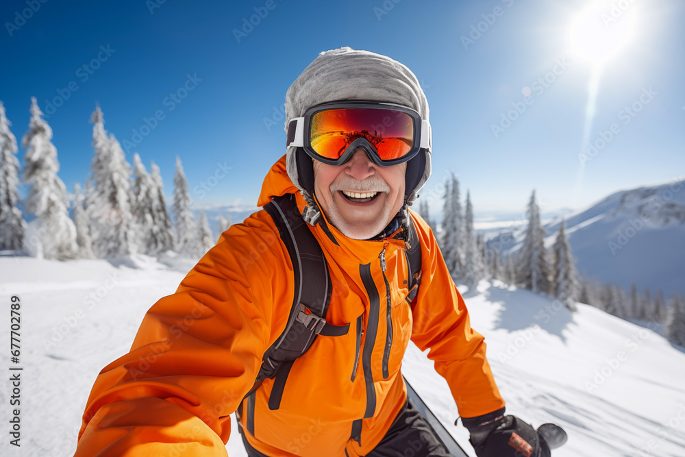 A smiling old man on the ski slopes in a winter sunny day.