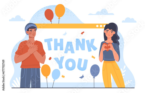 Thank you poster concept. Care about friends and lovers. Happy holiday and festival. Gift or present for family member. Woman and man near colorful balloons. Cartoon flat vector illustration