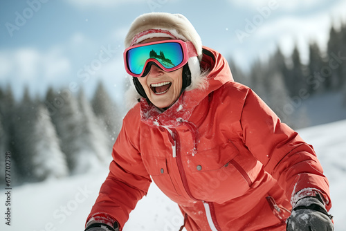 A smiling old woman on the ski slopes in a winter sunny day.