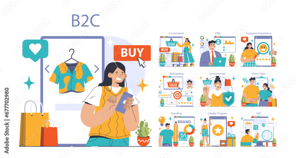 B2C set. Digital shopping journey from browsing to purchase. E-commerce exploration, engaging CRM, memorable customer experience. Loyalty rewards, effective SEO strategies. Flat vector illustration