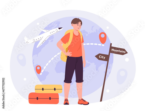 International tourism concept. Boy with backpack stand near wooden roadsigns with text. Travel, hiking and camping. Flights at airplane, trip with plane. Cartoon flat vector illustration