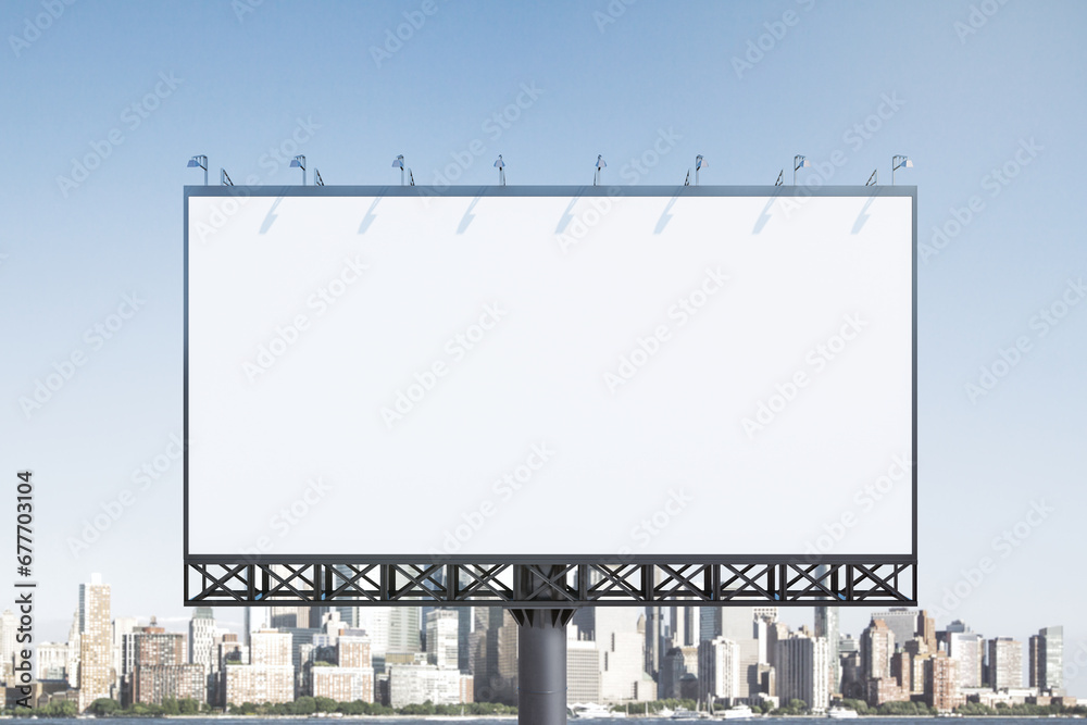Blank white horizontal billboard on cityscape background at daytime, front view. Mockup, advertising concept Blank white horizontal billboard on cityscape background at daytime, front view. Mockup, advertising concept