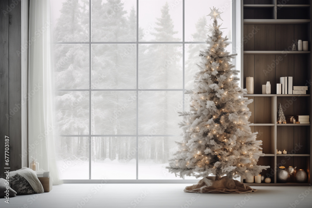 christmas tree in the interior with large windows christmas tree in the interior with large windows