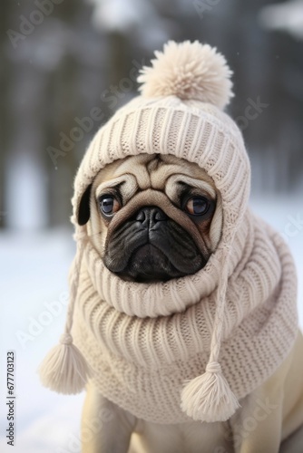 pug in a hat and scarf, dog in winter clothes, Christmas pug