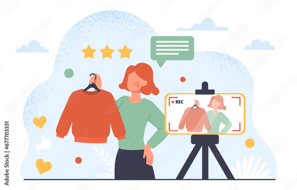 Naklejka premium Video blogger with clothes. Woman with red sweater behind camera. Popular personality create interesting content for social networks and videohostings. Cartoon flat vector illustration
