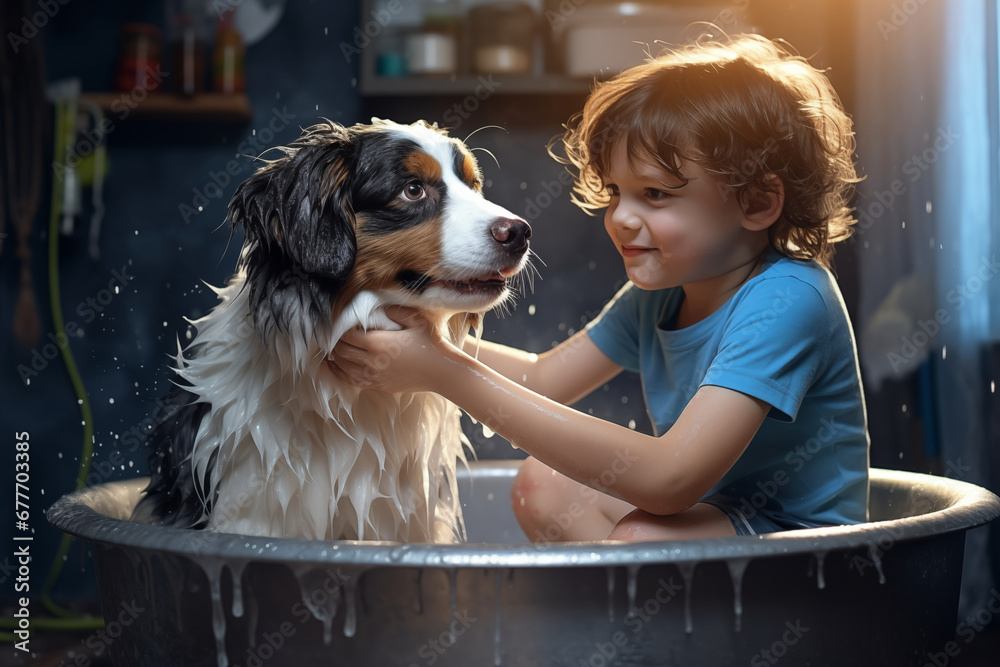 boy washes dog
