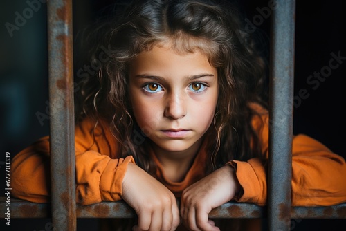 Beautiful girl is looking at the camera from behind the prison bars. Children of immigrants at the detention sites. Concept of children abuse. photo