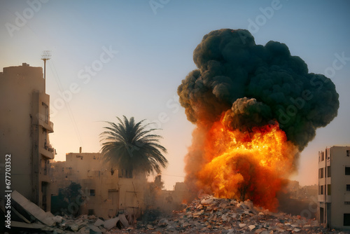 Arab-Israeli war, explosions in the city at night time photo