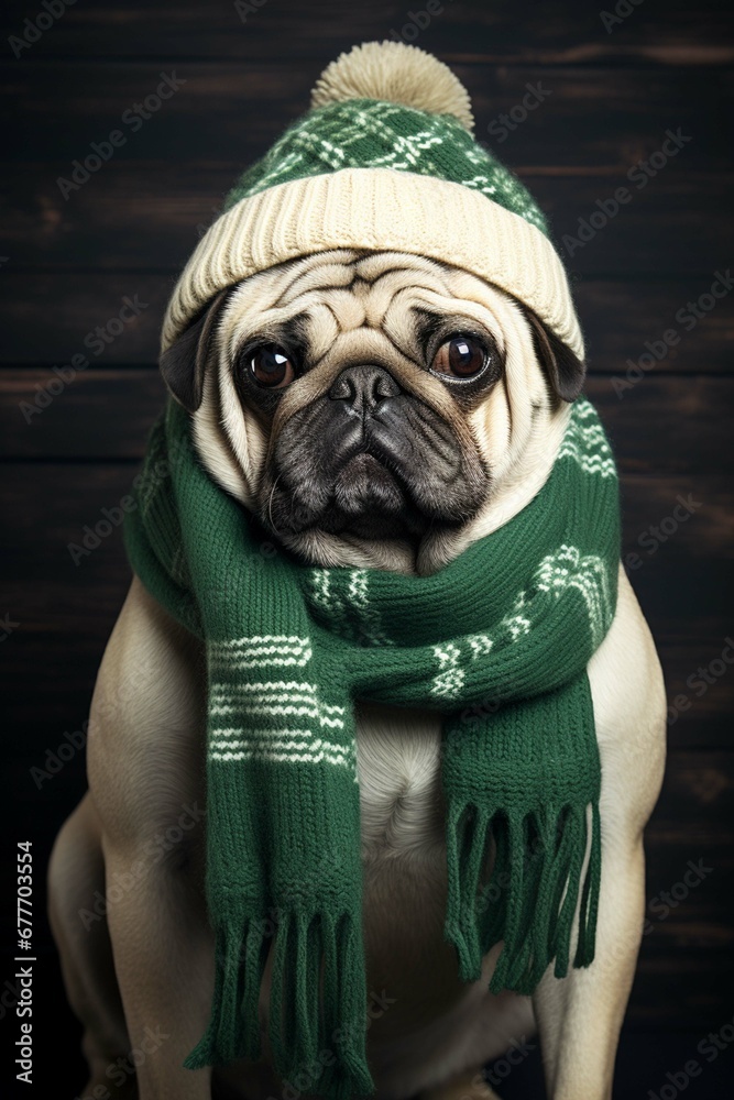 pug in a hat and scarf, dog in winter clothes, Christmas pug

