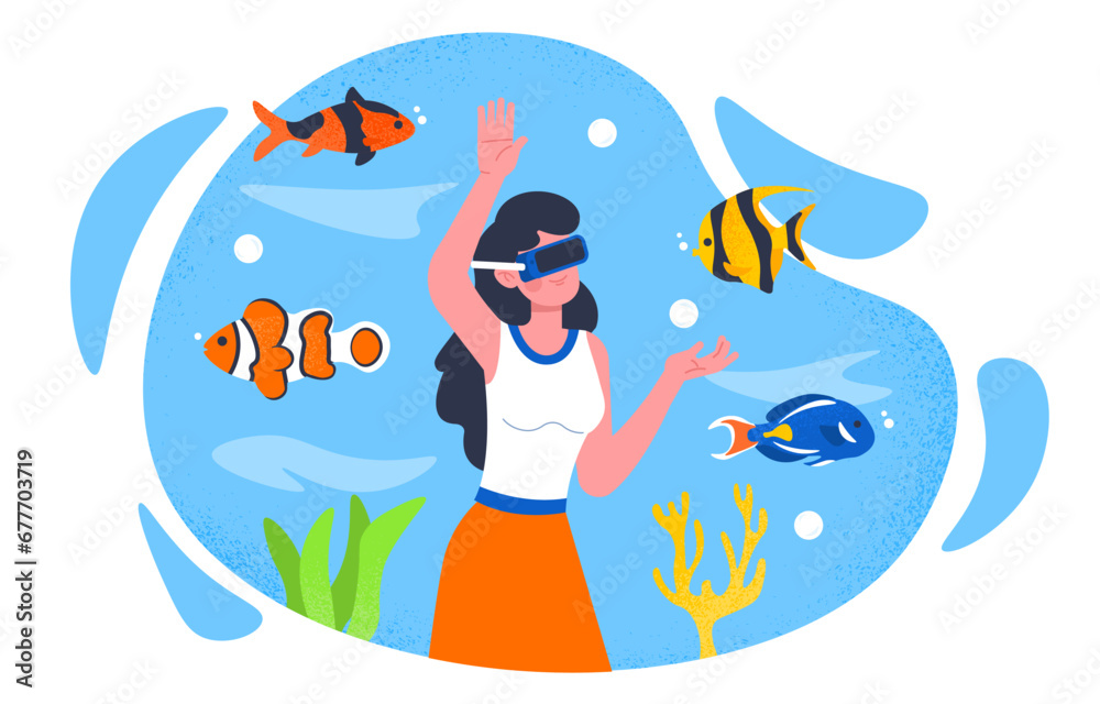 Virtual reality ocean concept. Woman in VR glasses look at ffish underwater. Cyberspace and metaverse. Modern technologies and innovations. Poster or banner. Cartoon flat vector illustration