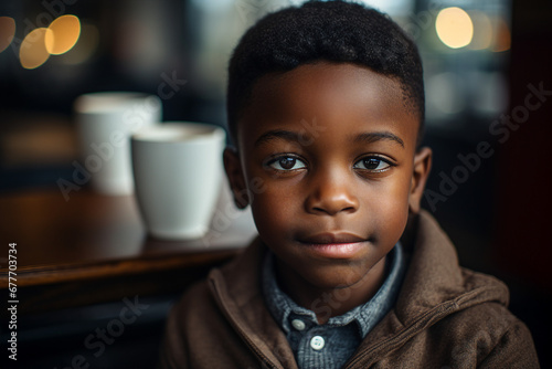 Generative AI portrait of young boy sitting modern interior cafe drinking baby beverage